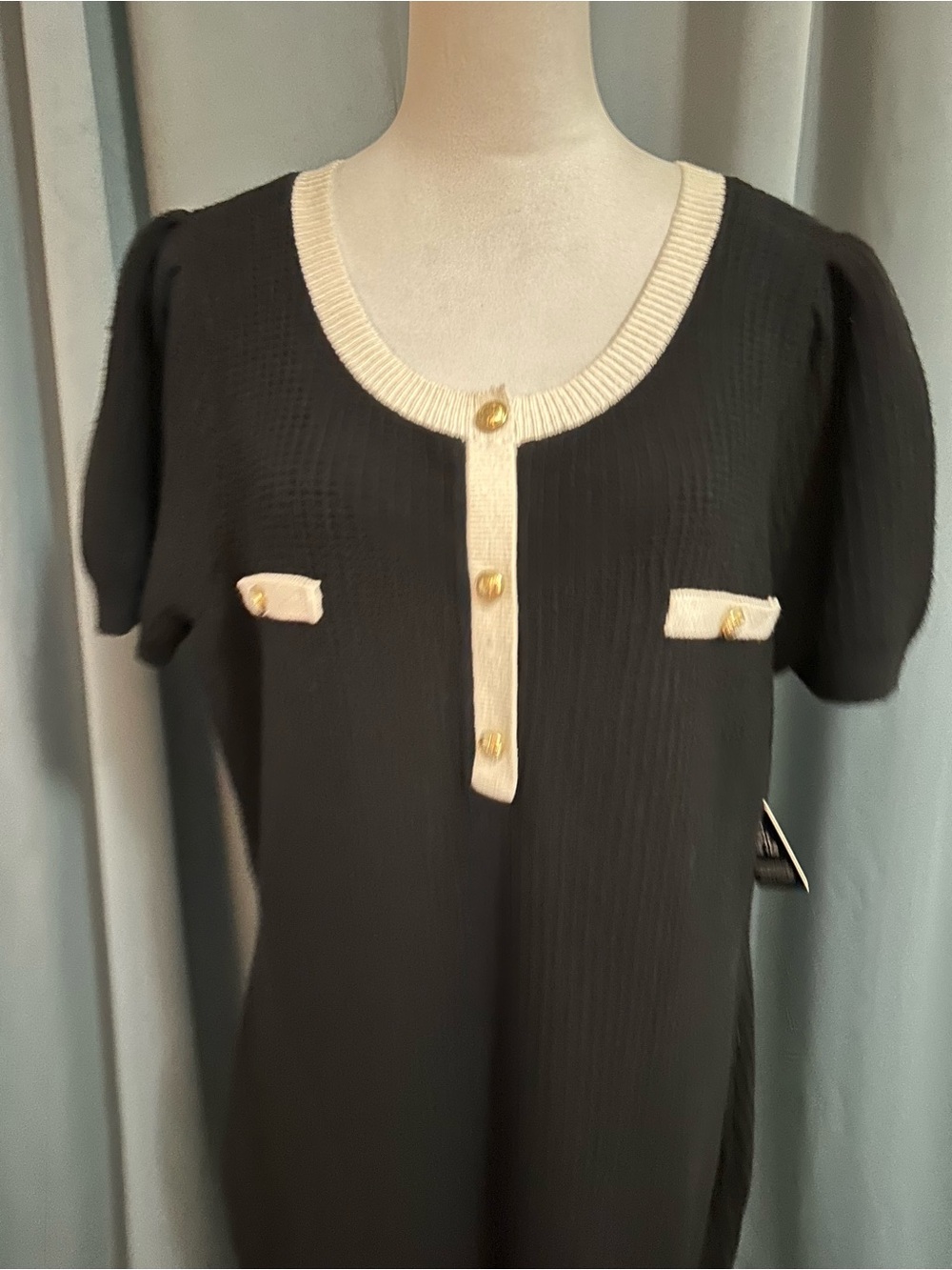 Express Sweater Dress XL Black Ivory Gold Buttons Puff Sleeve NWT Preppy